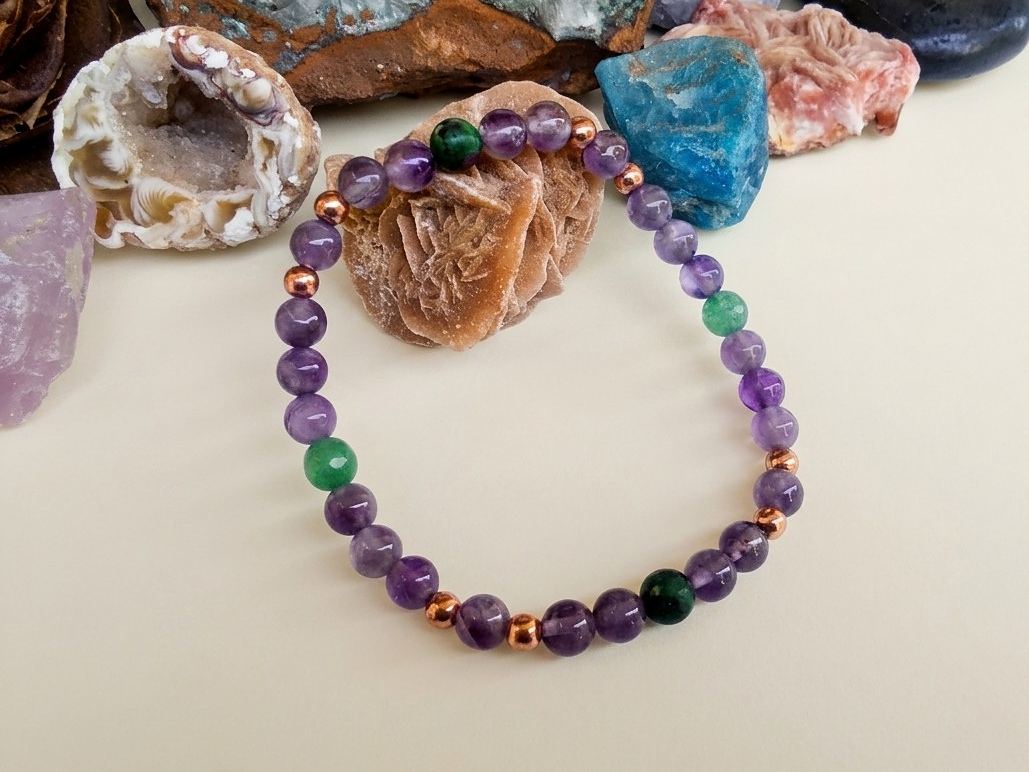 Bracciale in Ametista, Ruby Zoisite e Nefrite – Perle naturali da 6 mm