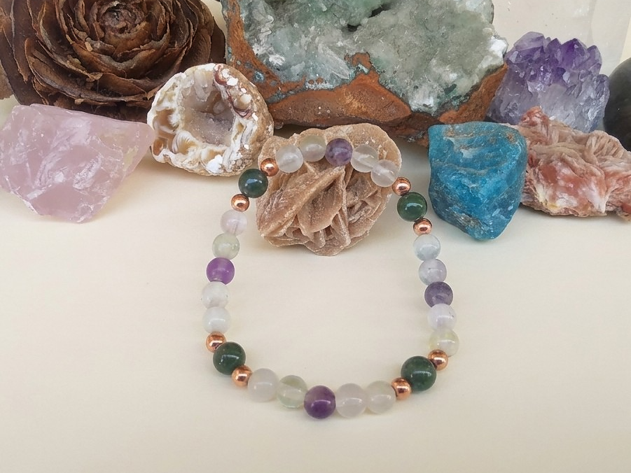 Bracciale in Fluorite Verde, Fluorite Viola e Agata Muschiata – Perle naturali da 6 mm