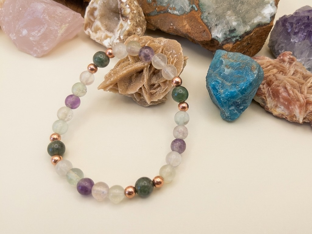 Bracciale in Fluorite Verde, Fluorite Viola e Agata Muschiata – Perle naturali da 6 mm