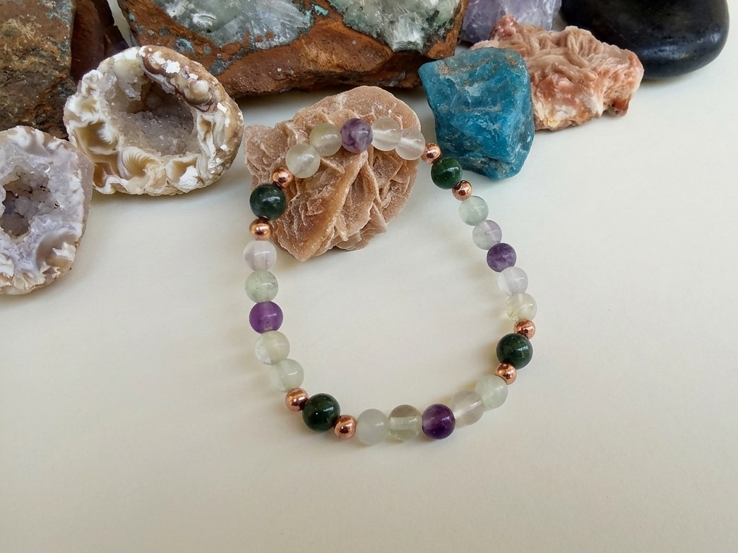 Bracciale in Fluorite Verde, Fluorite Viola e Agata Muschiata – Perle naturali da 6 mm