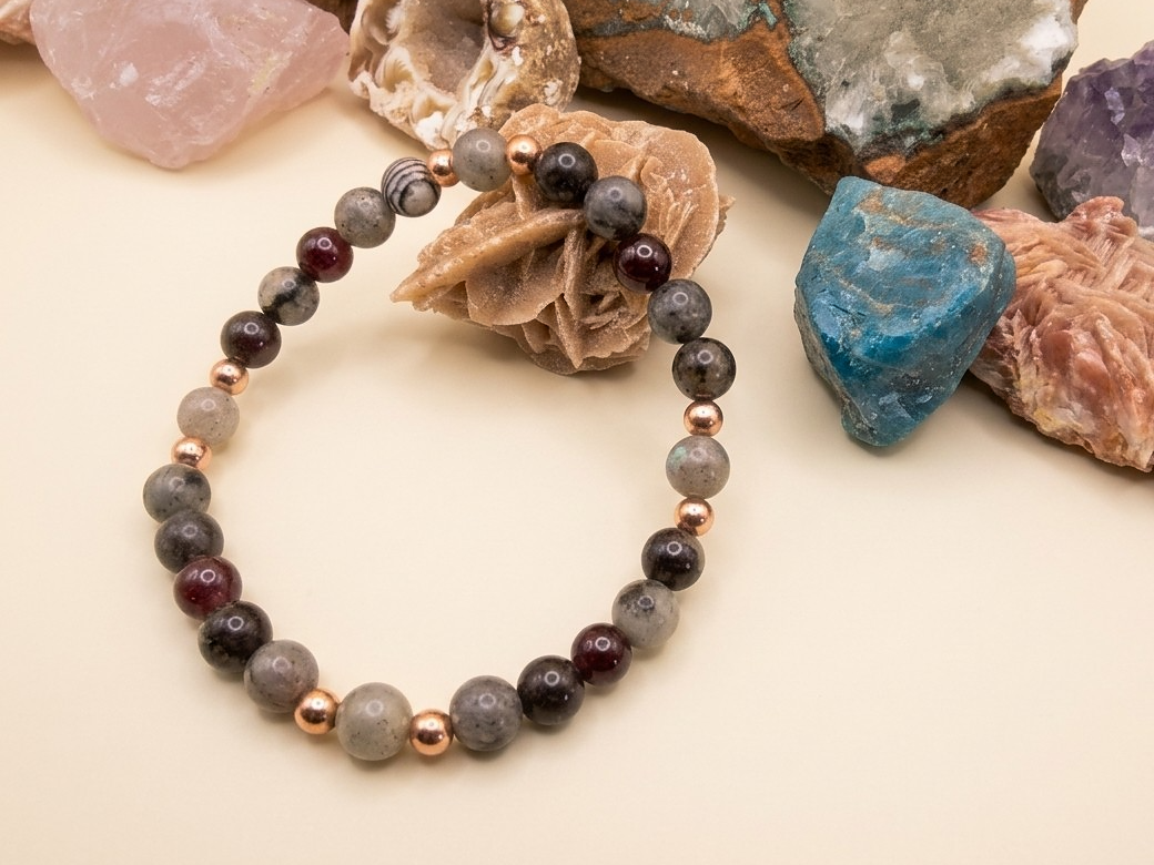 Bracciale in Diaspro Zebrato, Labradorite e Granato Almandino – Perle naturali da 6 mm
