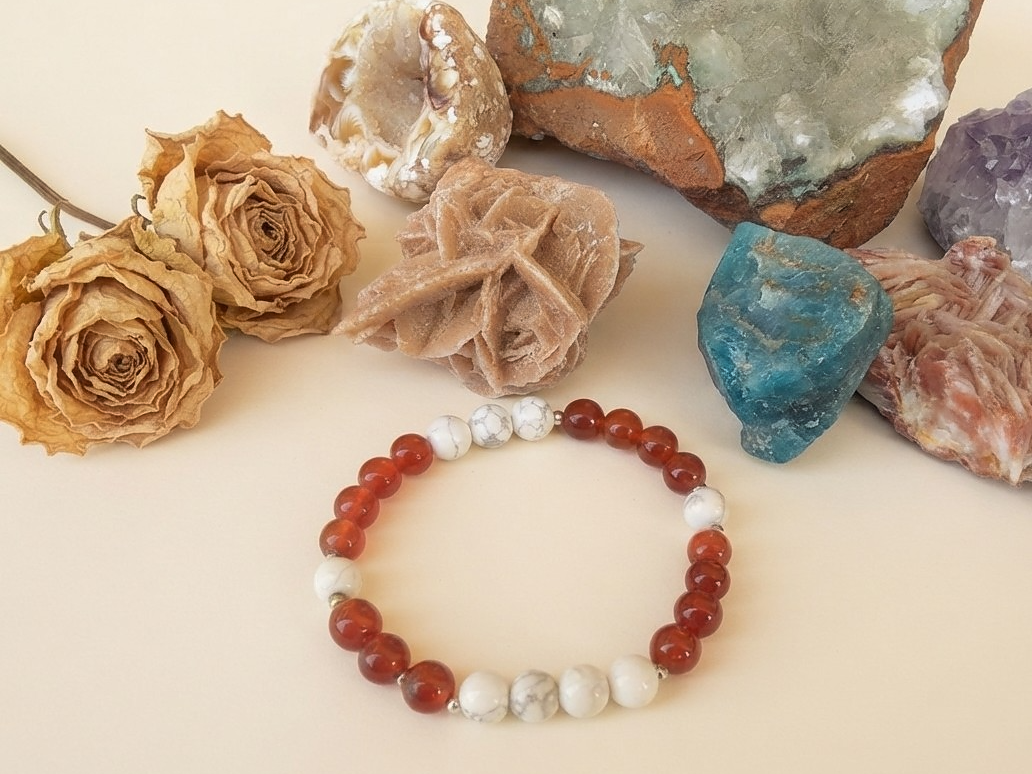 Bracciale in Agata Rossa e Howlite – Perle naturali da 6 mm con Argento 925