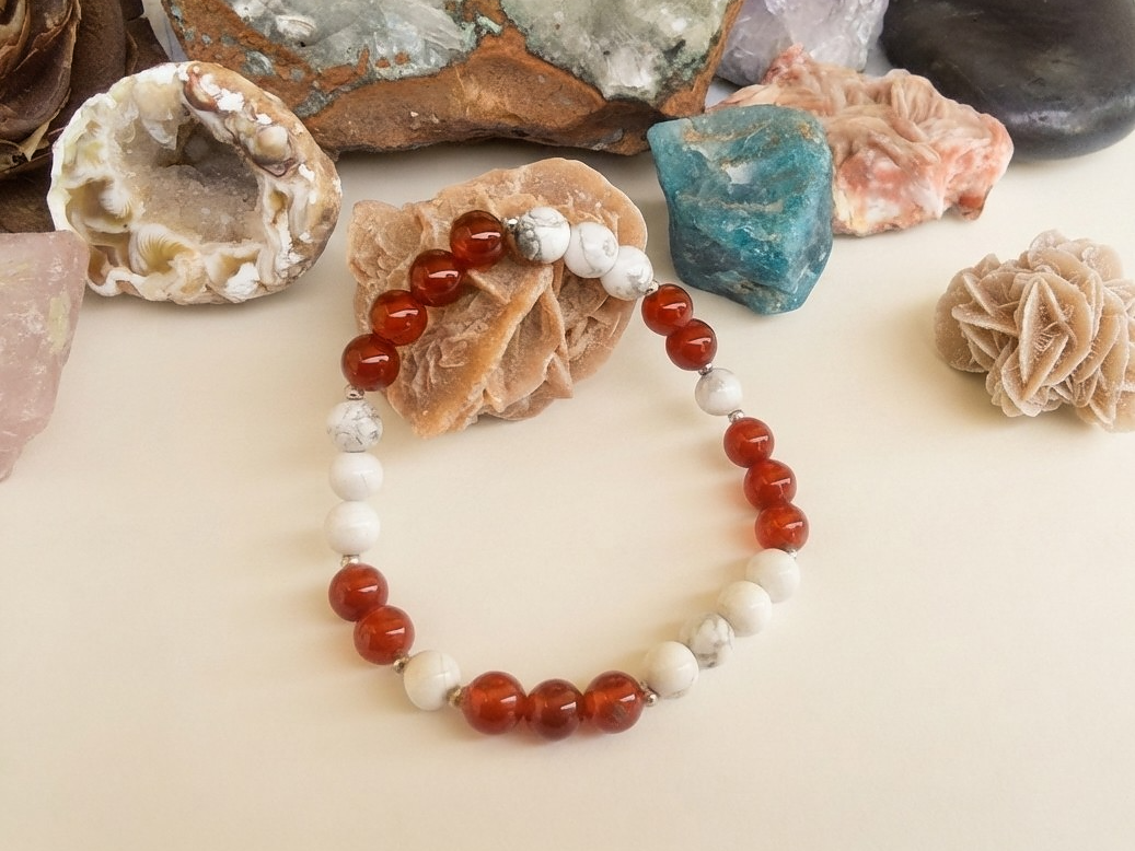 Bracciale in Agata Rossa e Howlite – Perle naturali da 6 mm con Argento 925
