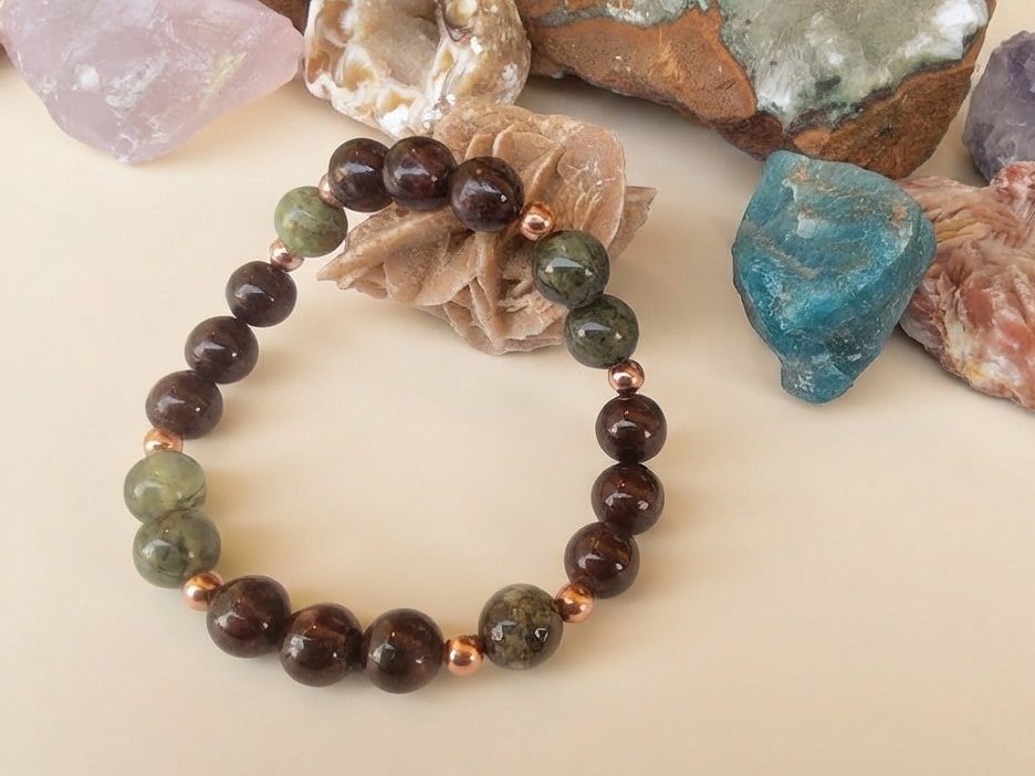Bracciale in Granato e Prehnite – Perle naturali da 8 mm