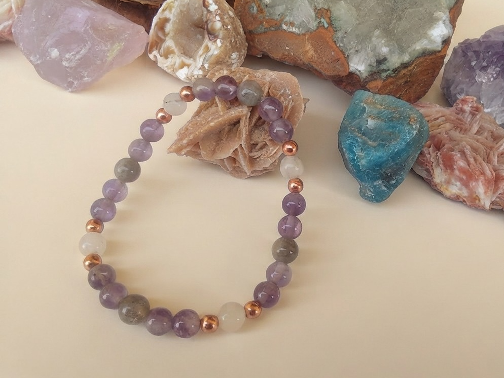 Bracciale in Ametista, Quarzo Tormalinato e Labradorite – Perle naturali da 6 mm