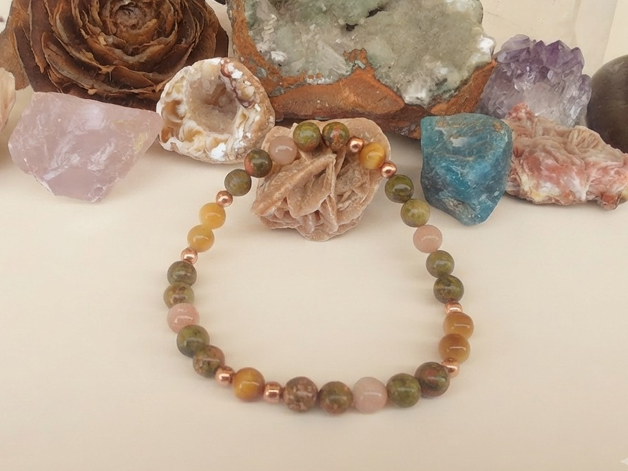 Bracciale in Unakite, Occhio di Tigre Dorato e Pietra di Luna Pesca – Perle naturali da 6 mm