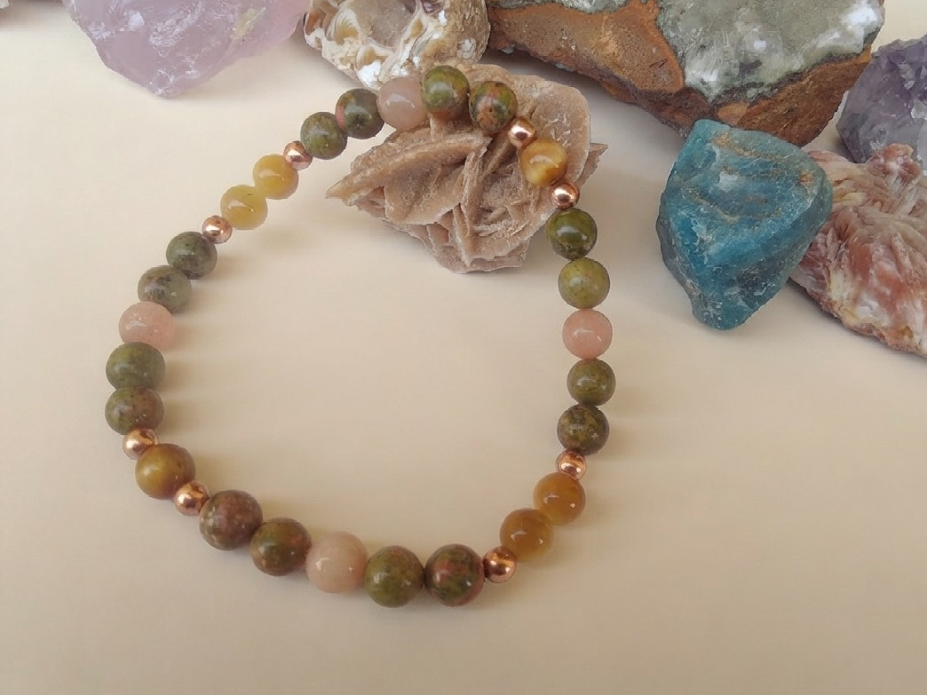 Bracciale in Unakite, Occhio di Tigre Dorato e Pietra di Luna Pesca – Perle naturali da 6 mm