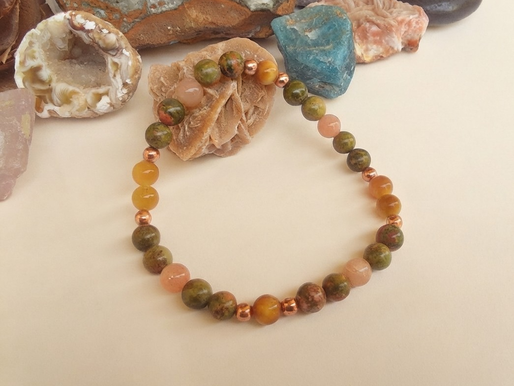 Bracciale in Unakite, Occhio di Tigre Dorato e Pietra di Luna Pesca – Perle naturali da 6 mm