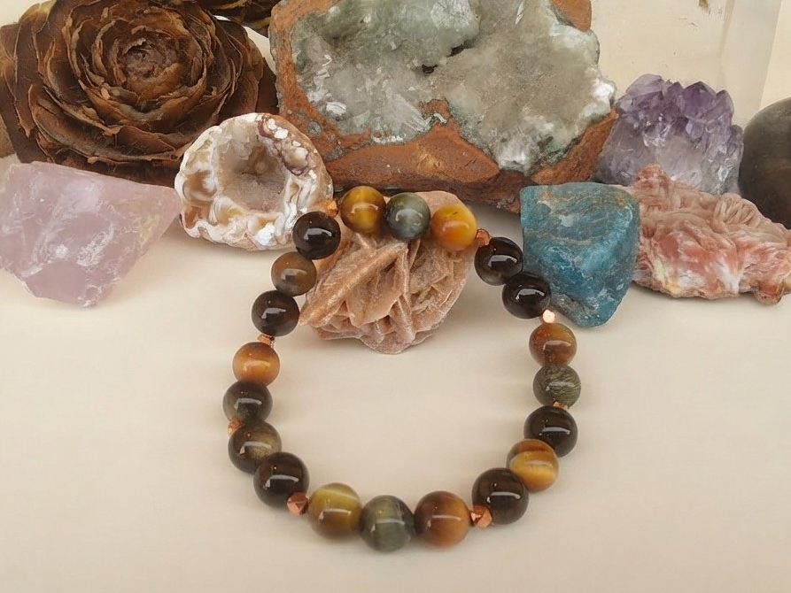 Bracciale in Occhio di Falco e Ossidiana Dorata – Perle naturali da 8 mm