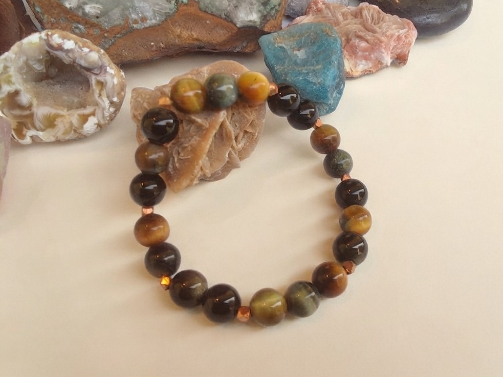 Bracciale in Occhio di Falco e Ossidiana Dorata – Perle naturali da 8 mm
