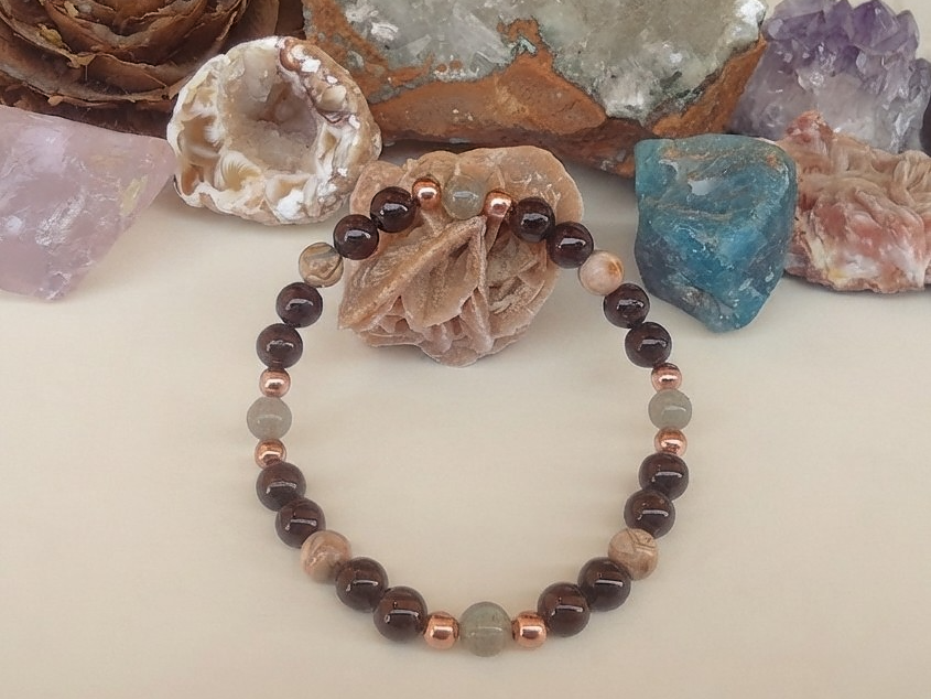 Bracciale in Granato, Labradorite e Rodocrosite – Perle naturali da 6 mm