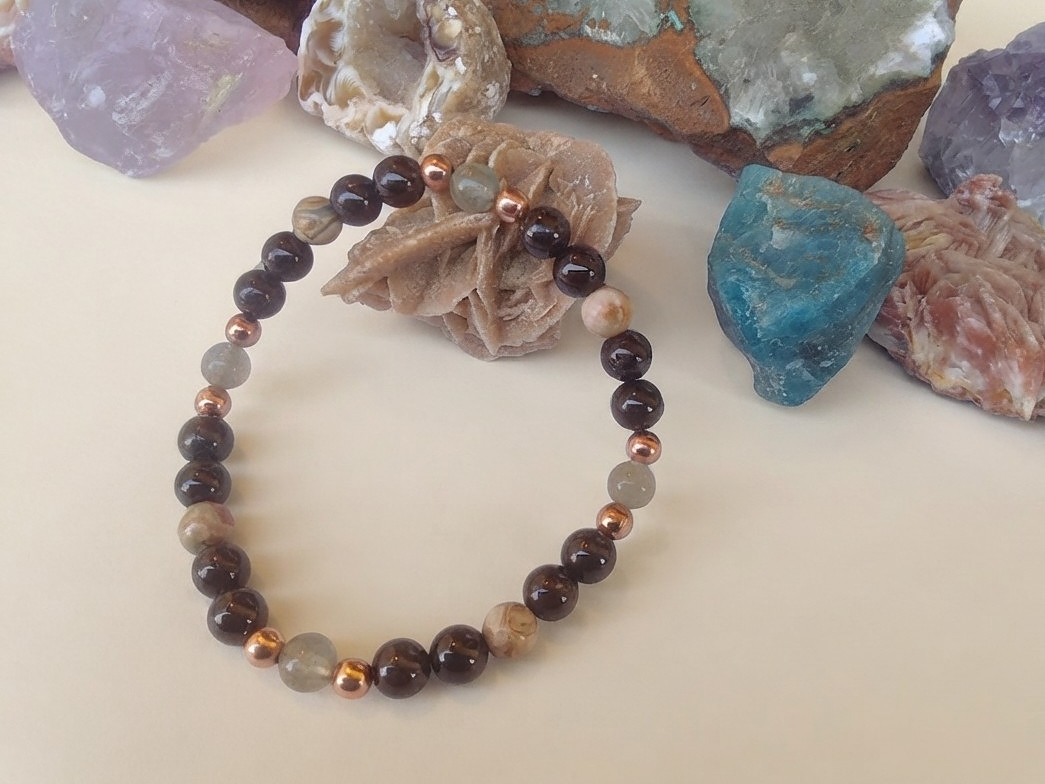 Bracciale in Granato, Labradorite e Rodocrosite – Perle naturali da 6 mm