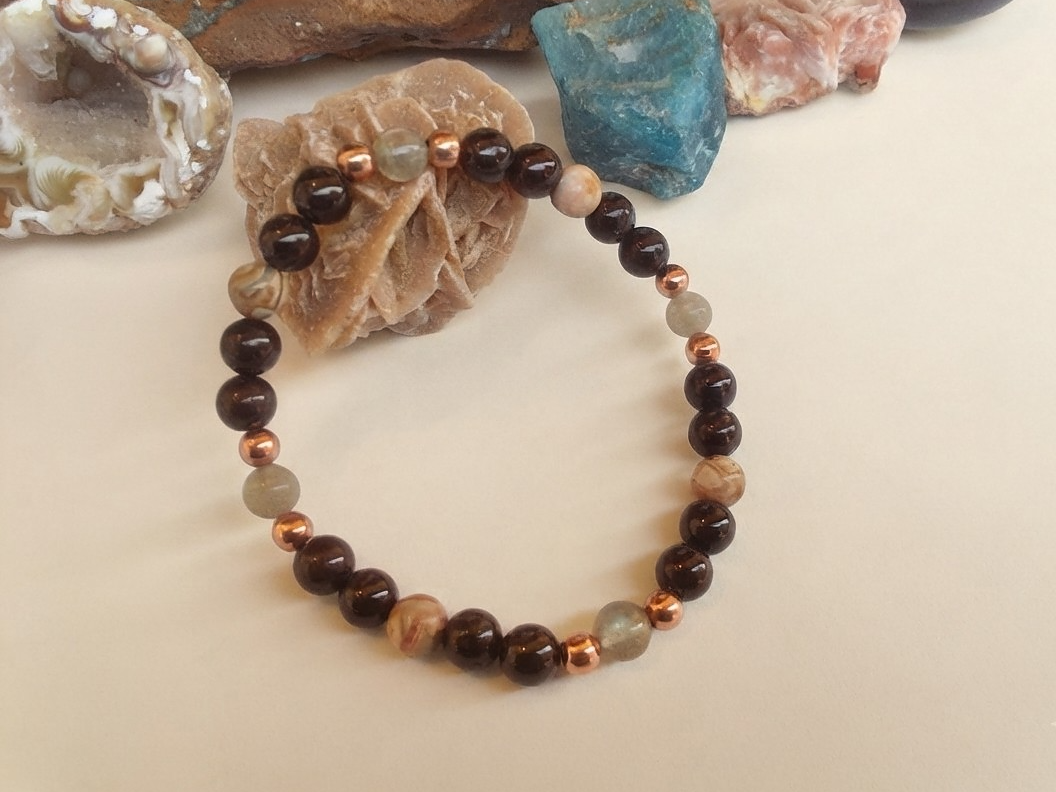 Bracciale in Granato, Labradorite e Rodocrosite – Perle naturali da 6 mm