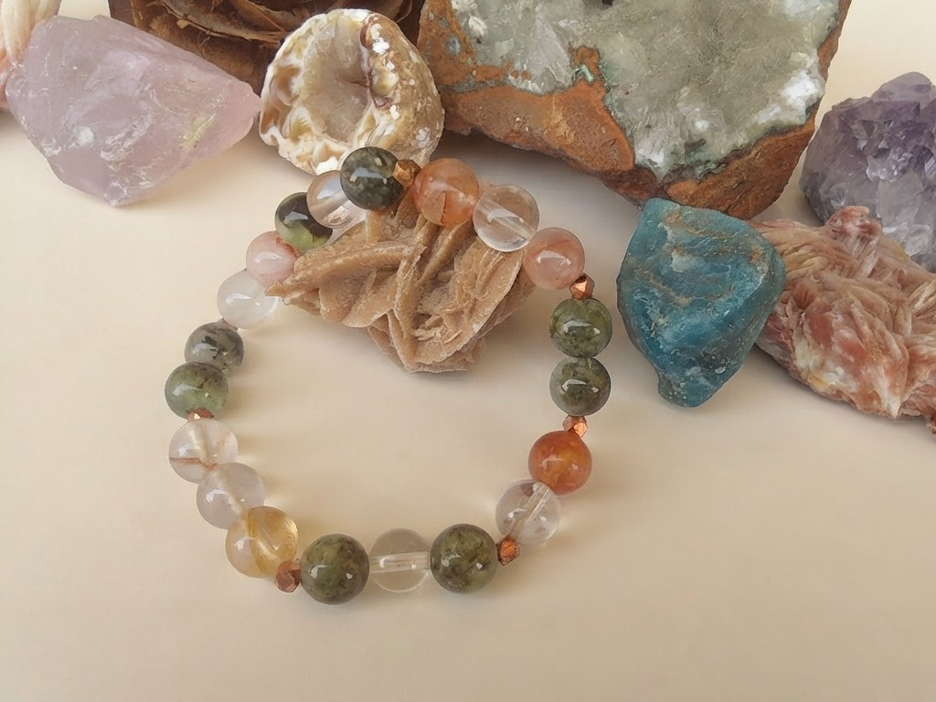 Bracciale in Prehnite, Quarzo Ematoide e Cristallo di Rocca – Perle naturali da 8 mm