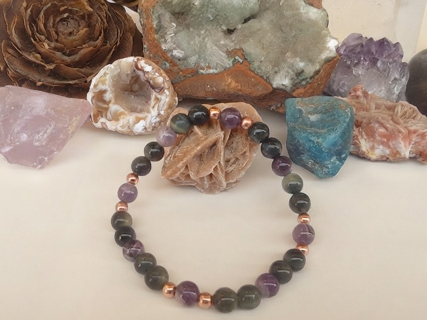 Bracciale in Occhio di Falco e Ametista – Perle naturali da 6 mm