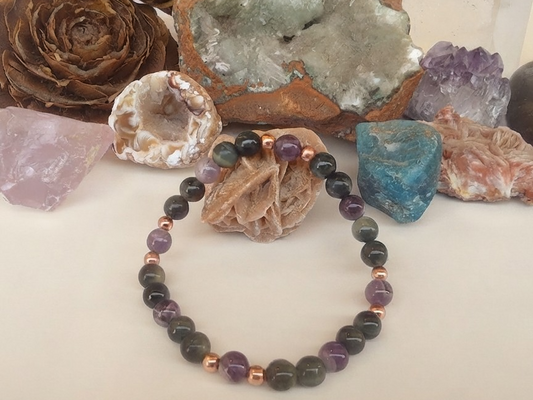 Bracciale in Occhio di Falco e Ametista – Perle naturali da 6 mm