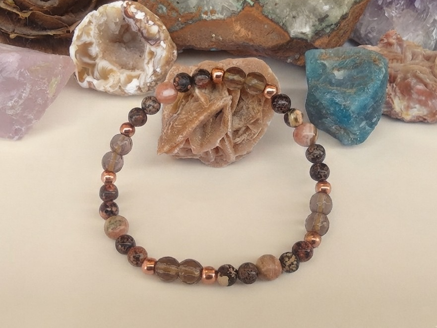 Bracciale in Rodocrosite, Quarzo Fumé e Ossidiana Fiocco di Neve Rossa – Perle naturali da 6 mm