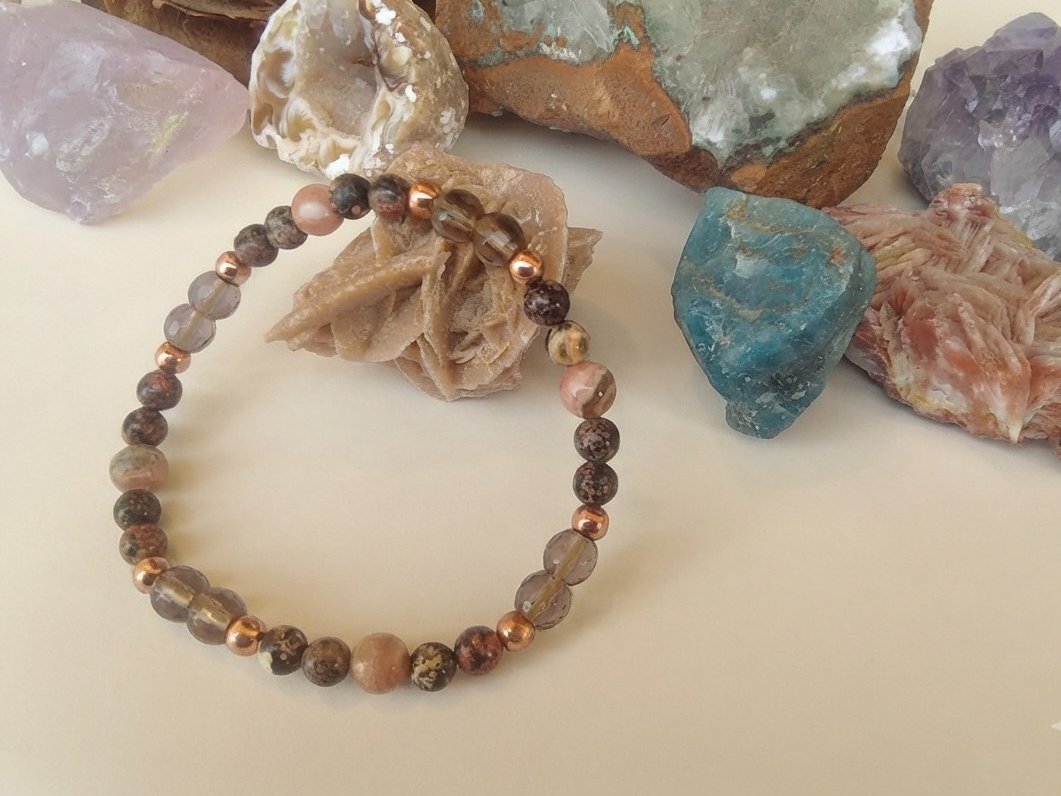 Bracciale in Rodocrosite, Quarzo Fumé e Ossidiana Fiocco di Neve Rossa – Perle naturali da 6 mm