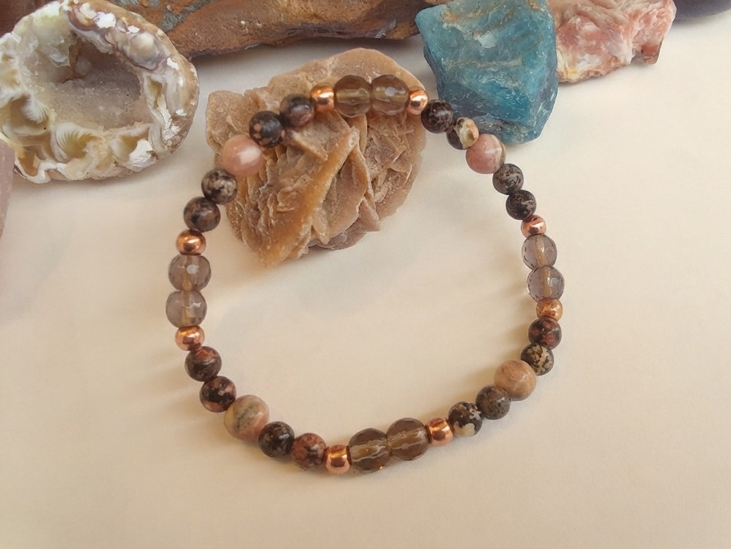 Bracciale in Rodocrosite, Quarzo Fumé e Ossidiana Fiocco di Neve Rossa – Perle naturali da 6 mm