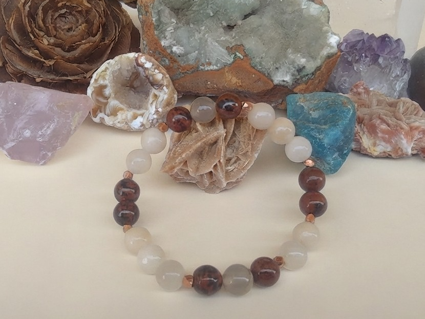 Bracciale in Ossidiana Mogano, Avventurina Rosa e Agata Grigia – Perle naturali da 8 mm
