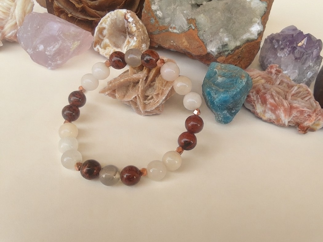 Bracciale in Ossidiana Mogano, Avventurina Rosa e Agata Grigia – Perle naturali da 8 mm