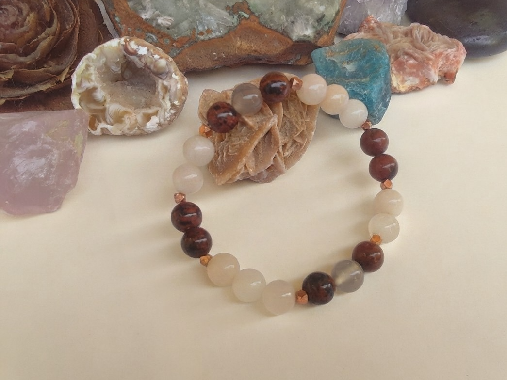 Bracciale in Ossidiana Mogano, Avventurina Rosa e Agata Grigia – Perle naturali da 8 mm