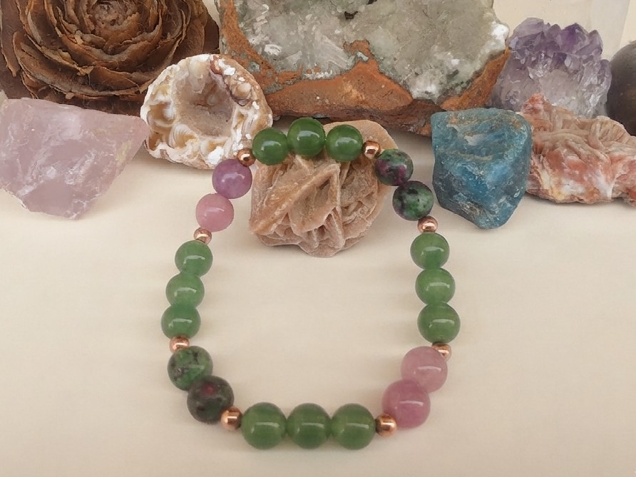 Bracciale in Kunzite, Avventurina e Ruby Zoisite – Perle naturali da 8 mm