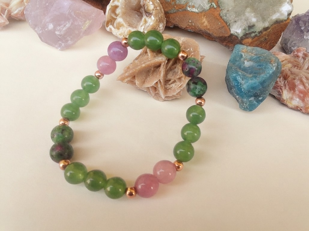 Bracciale in Kunzite, Avventurina e Ruby Zoisite – Perle naturali da 8 mm