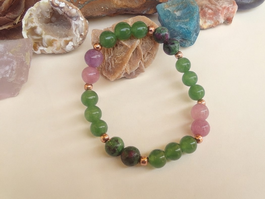 Bracciale in Kunzite, Avventurina e Ruby Zoisite – Perle naturali da 8 mm