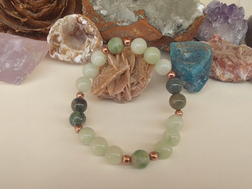 Bracciale in Giadeite, Agata Muschiata e Agata Albero – Perle naturali da 8 mm