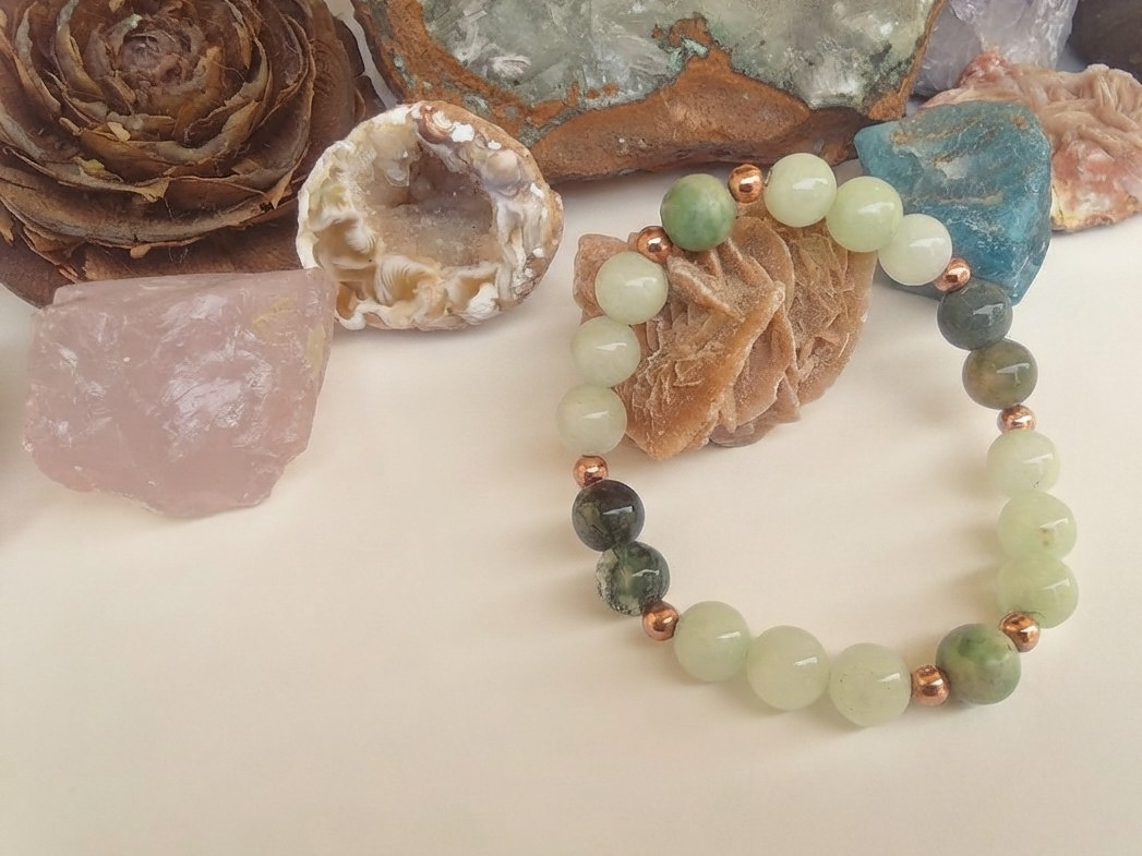 Bracciale in Giadeite, Agata Muschiata e Agata Albero – Perle naturali da 8 mm