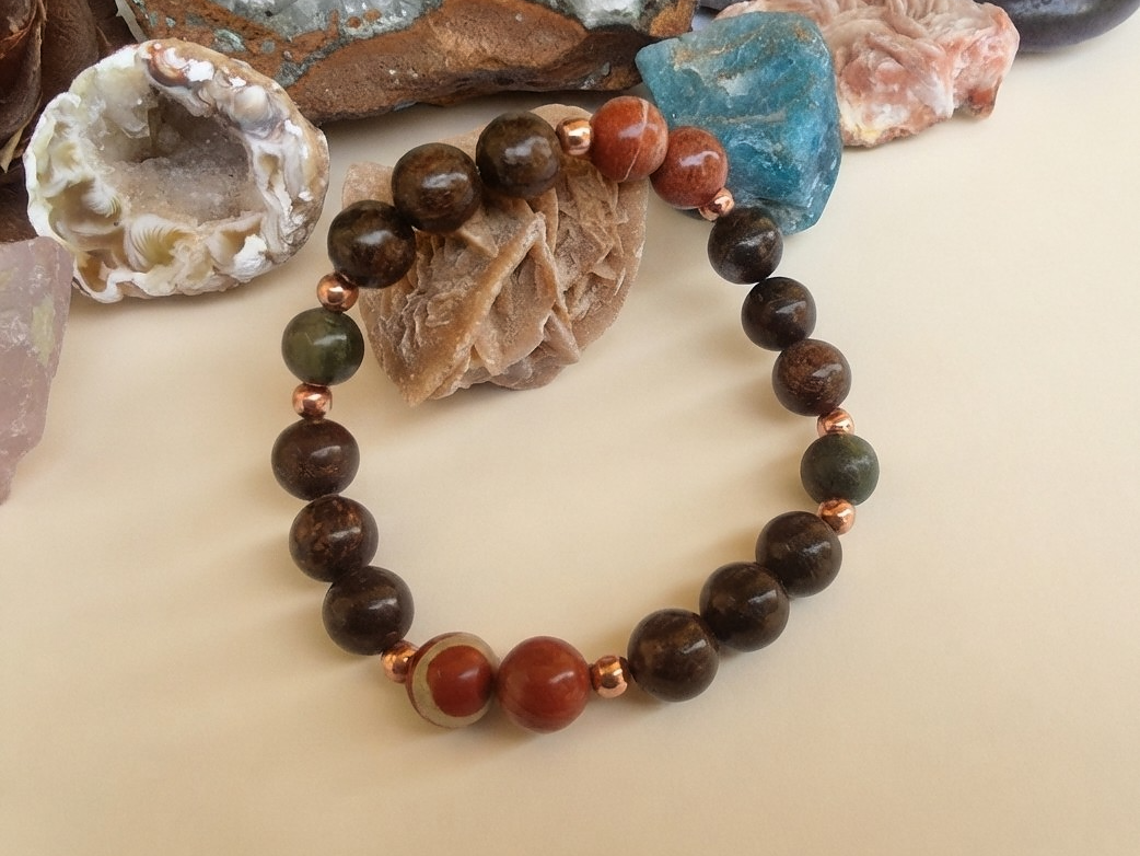 Bracciale in Bronzite, Diaspro Brecciato e Giada Africana – Perle naturali da 8 mm