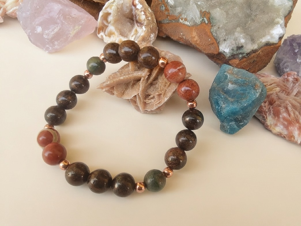 Bracciale in Bronzite, Diaspro Brecciato e Giada Africana – Perle naturali da 8 mm