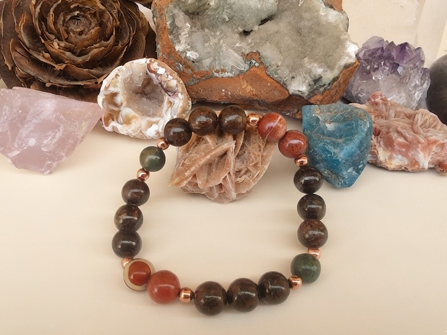 Bracciale in Bronzite, Diaspro Brecciato e Giada Africana – Perle naturali da 8 mm