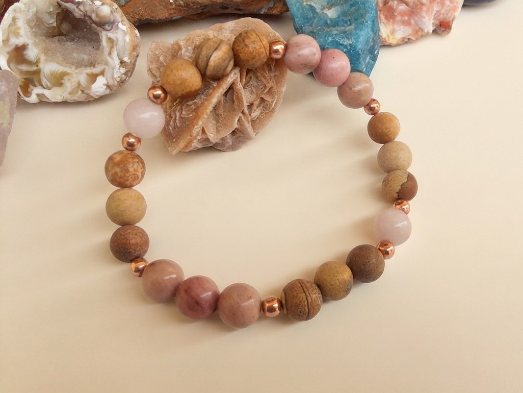 Bracciale in Diaspro Paesaggio, Kunzite e Rodonite – Perle naturali da 8 mm