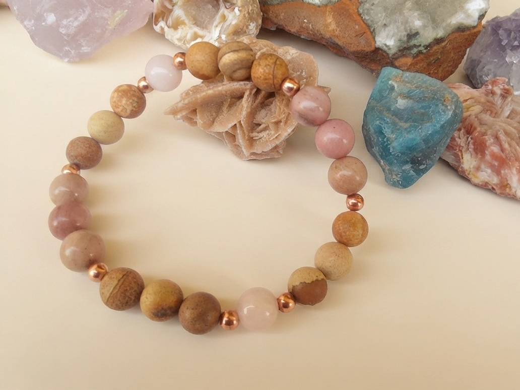 Bracciale in Diaspro Paesaggio, Kunzite e Rodonite – Perle naturali da 8 mm