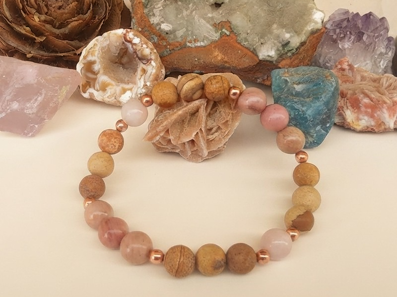 Bracciale in Diaspro Paesaggio, Kunzite e Rodonite – Perle naturali da 8 mm