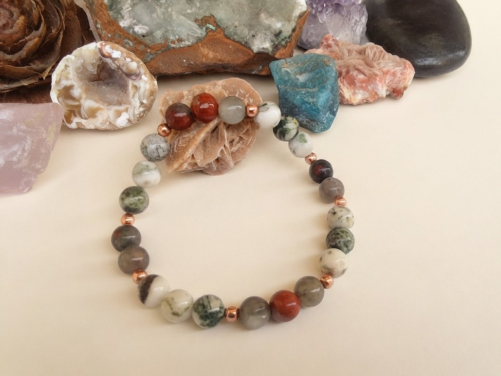 Bracciale in Diaspro Rosso, Eliotropio e Agata Albero – Perle naturali da 8 mm