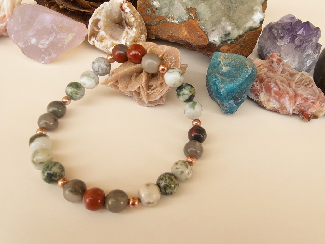 Bracciale in Diaspro Rosso, Eliotropio e Agata Albero – Perle naturali da 8 mm