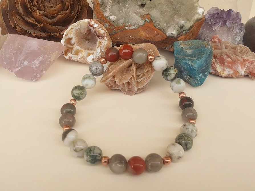 Bracciale in Diaspro Rosso, Eliotropio e Agata Albero – Perle naturali da 8 mm