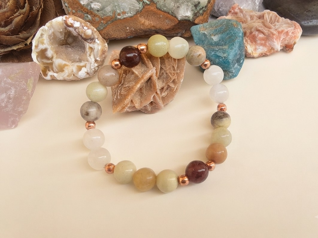 Bracciale in Amazzonite Multicolore, Agata Bianca e Agata Rossa – Perle naturali da 8 mm