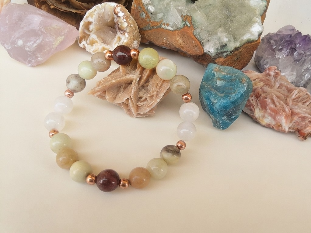 Bracciale in Amazzonite Multicolore, Agata Bianca e Agata Rossa – Perle naturali da 8 mm