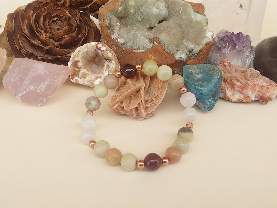 Bracciale in Amazzonite Multicolore, Agata Bianca e Agata Rossa – Perle naturali da 8 mm