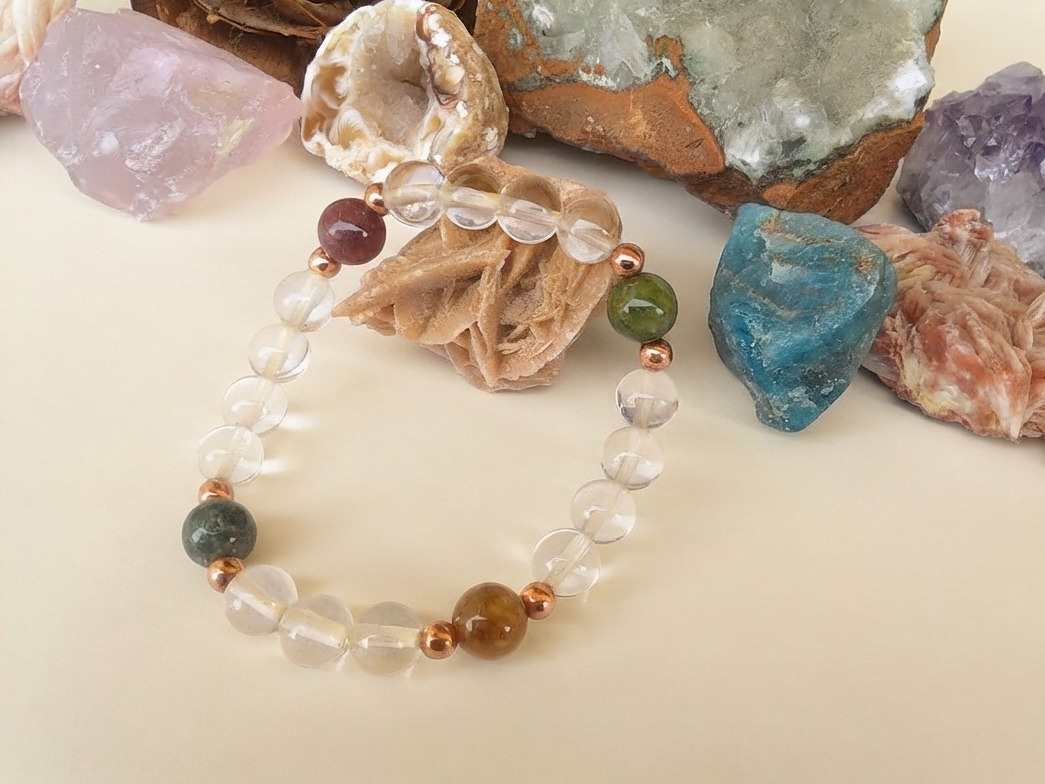 Bracciale in Cristallo di Rocca e Tormalina Multicolore – Perle naturali da 8 mm