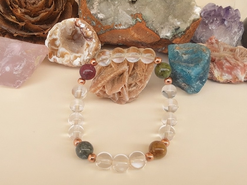 Bracciale in Cristallo di Rocca e Tormalina Multicolore – Perle naturali da 8 mm