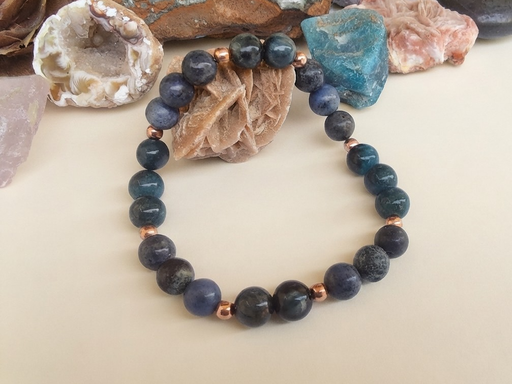 Bracciale in Apatite e Dumortierite – Perle naturali da 8 mm