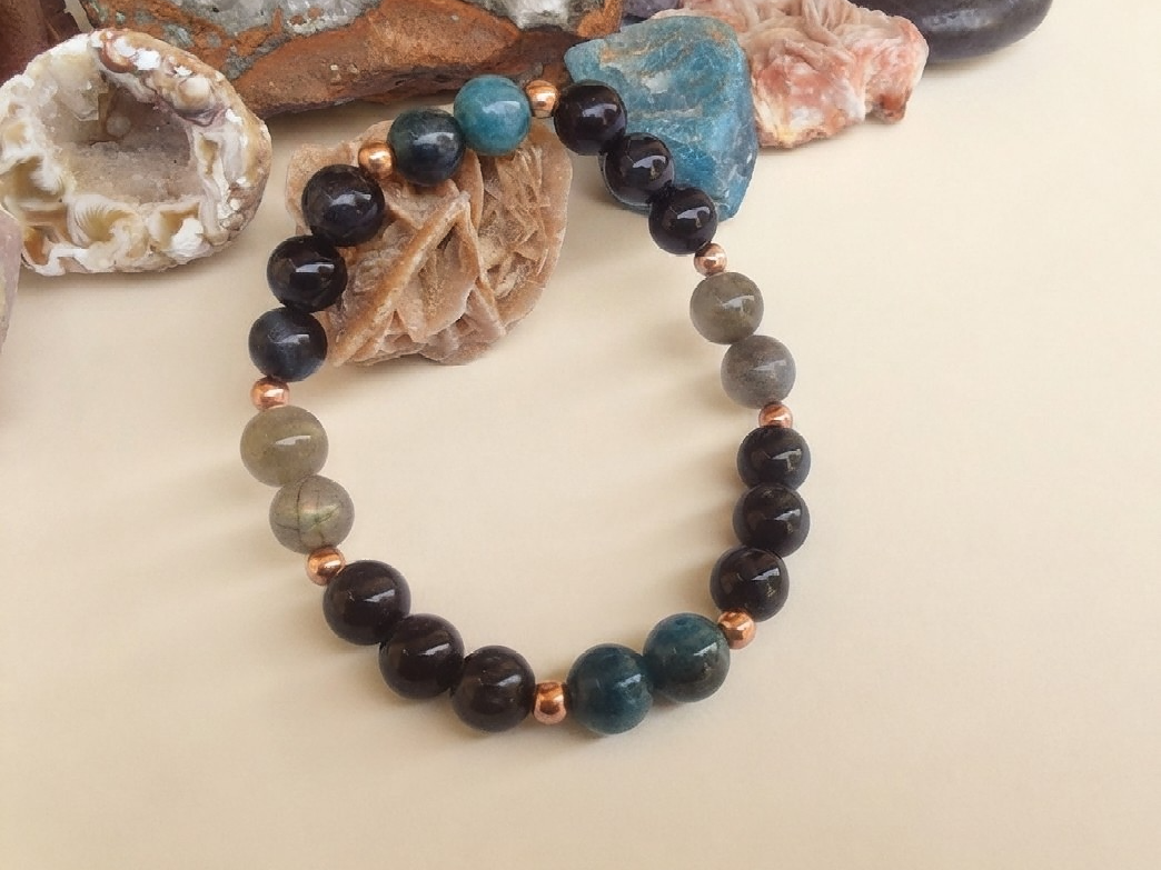 Bracciale in Occhio di Falco, Apatite e Labradorite – Perle naturali da 8 mm
