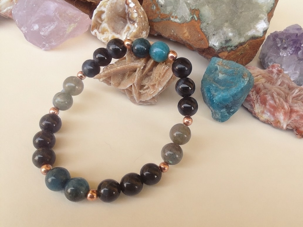 Bracciale in Occhio di Falco, Apatite e Labradorite – Perle naturali da 8 mm