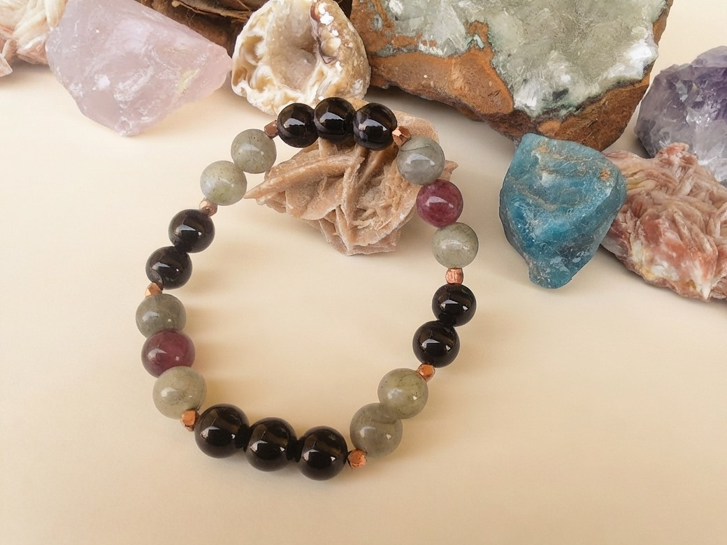 Bracciale in Onice, Labradorite e Tormalina Rosa – Perle naturali da 8 mm