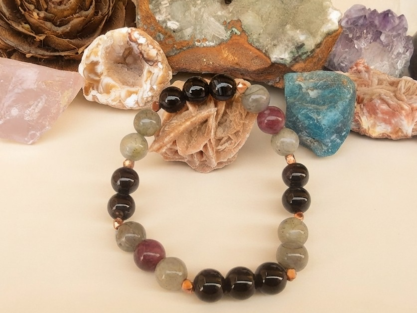 Bracciale in Onice, Labradorite e Tormalina Rosa – Perle naturali da 8 mm
